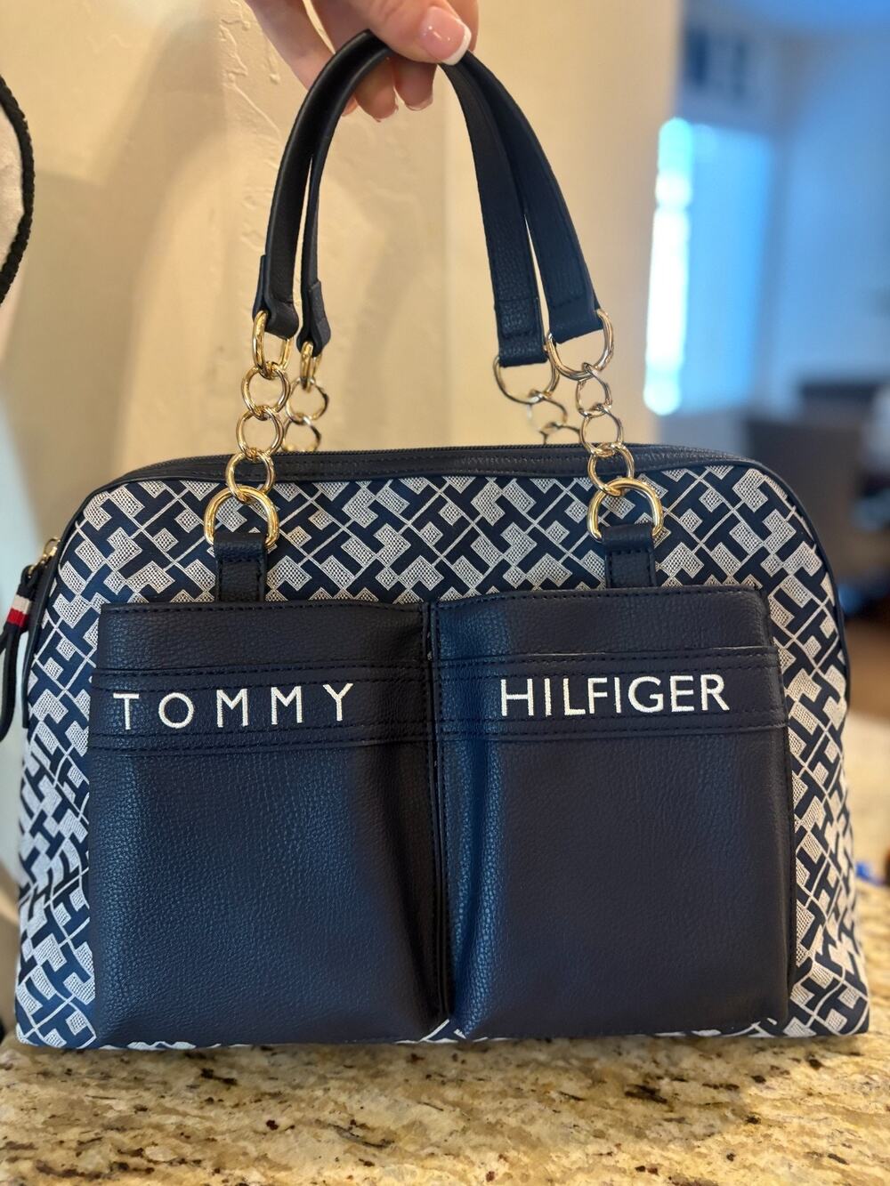 Tommy Hilfiger Navy Monogram Satchel Handbag Double Front Pocket Gold Chain Tote